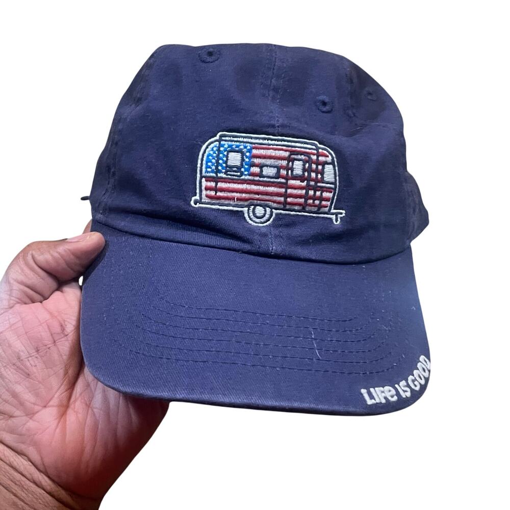 Life Is Good Hat Patriotic Camper RV American Flag Adjustable Strapback Cap